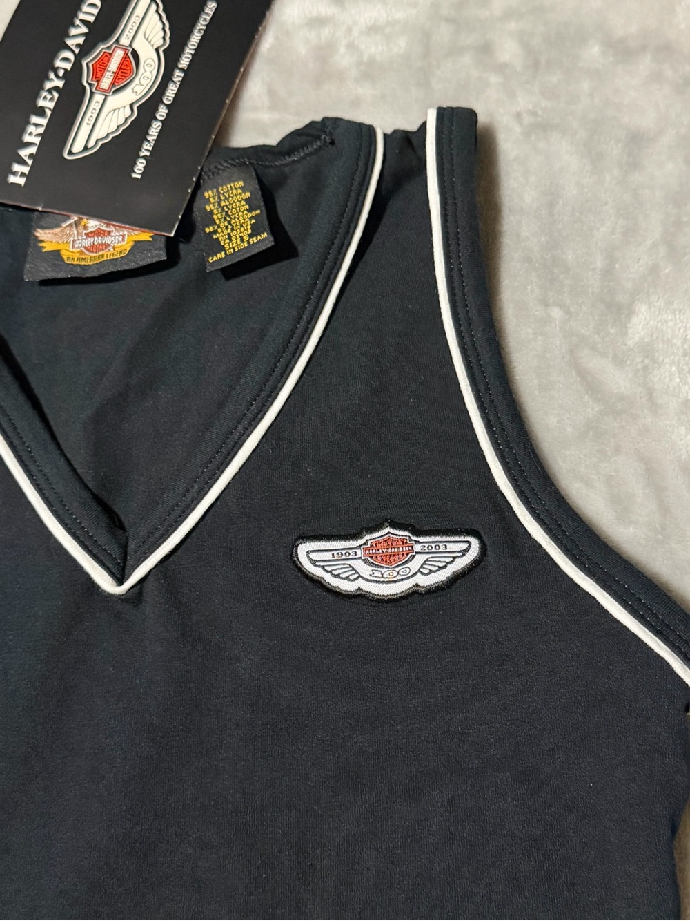 Harley-Davidson Black V-Neck Tank with White Trim and Logo Patch - Picture 3 of 7